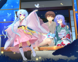 1boy 2girls :o ;3 aged_up alternate_costume alternate_hairstyle animal animal_on_lap animal_print architecture black_bow blue_butterfly blue_hair blush boots bow braid brown_eyes brown_hair bug butterfly butterfly_print child closed_eyes closed_mouth commentary commission couple east_asian_architecture eyes_visible_through_hair family fang father_and_daughter fireflies floral_print floral_print_kimono frilled_kimono frills frown full_body glowing_butterfly green_kimono hair_between_eyes hair_bobbles hair_bow hair_ornament half_up_braid hand_on_another&#039;s_shoulder happy hetero highres husband_and_wife if_they_mated inari_(summer_pockets) insect japanese_clothes kimono leaning_on_person light_blue_hair long_hair long_skirt long_sleeves looking_at_animal looking_at_another looking_at_viewer mother_and_daughter multiple_girls night nontraditional_miko on_lap one_eye_closed open_mouth otou_(otou_san) outdoors outstretched_arms outstretched_hand pink_kimono pink_skirt ponytail print_kimono purple_eyes ringed_eyes sandals short_hair sidelocks sitting skeb_commission skirt smile sorakado_ao standing straight_hair summer_pockets takahara_hairi tsurime very_long_hair white_footwear white_kimono wide_sleeves yellow_bow yokozuwari