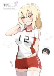 2girls :d arm_up bare_shoulders black_hair blonde_hair blush breasts chibi chibi_inset collarbone commentary cowboy_shot gradient_hair green_eyes green_hair grin heart highres kooei large_breasts looking_at_viewer love_live! love_live!_nijigasaki_high_school_idol_club medium_hair midriff_peek miyashita_ai multicolored_hair multiple_girls open_mouth orange_eyes red_shorts request_inset shirt short_shorts shorts sidelocks signature simple_background sleeveless sleeveless_shirt smile solo_focus sportswear standing sweat takasaki_yu thighhighs towel towel_around_neck translation_request twintails twitter v-neck volleyball_uniform white_background white_shirt white_thighhighs wiping_sweat