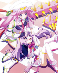 Rule 34 | 2girls, absurdres, arm garter, arm up, armpits, bandeau, black arm garter, black bandeau, black gloves, black thighhighs, blood, blood tune, bloody weapon, blush, boots, bow, bowtie, breasts, capelet, chaos;head, chaos;head love chu chu!, checkered floor, club, club (weapon), detached sleeves, dress, earrings, erin-fray orgel, fingerless gloves, flat chest, fluffy hair, frilled capelet, frilled gloves, frilled skirt, frills, gloves, gold trim, hair between eyes, hair ornament, hand on another&#039;s cheek, hand on another&#039;s face, hand on another&#039;s head, hand on floor, happy, hat, headpat, high collar, highres, huge weapon, jacket, jewelry, lap pillow, long hair, long sleeves, looking at another, looking down, looking up, lying on lap, mace, magical girl, matsuo yukihiro, medium breasts, miniskirt, multiple girls, necktie, off-shoulder capelet, official art, open mouth, panties, petting, pink boots, pink capelet, pink gloves, pink hair, pink panties, purple eyes, purple hair, red bow, ribbon, samurai condenser, scan, science adventure, seira orgel, shiny skin, siblings, sidelocks, single earring, sisters, skirt, smile, spiked bat, spiked club, spikes, strap, teeth, thick thighs, thighhighs, thighs, tongue, twintails, underwear, upper teeth only, weapon, weapon on floor, white boots, white dress, white thighhighs, zettai ryouiki, zig-zag pattern