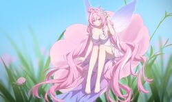 1girl absurdly_long_hair absurdres alternate_costume bare_legs bare_shoulders barefoot braid breasts chinese_commentary cleavage commentary_request cutout_above_navel dress elysia_(honkai_impact) feet flower hair_flower hair_ornament hand_up highres honkai_(series) honkai_impact_3rd large_breasts legs long_hair looking_at_viewer luyue multicolored_hair open_mouth pink_hair purple_eyes purple_wings sitting smile solo strapless strapless_dress streaked_hair toes very_long_hair white_dress white_flower wings