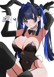1girl :o absurdres alternate_costume animal_ear_hairband animal_ears black_bow black_bowtie black_gloves black_leotard black_thighhighs blue_eyes blue_hair blush bow bowtie breasts cleavage commentary detached_collar elbow_gloves fake_animal_ears fake_tail garter_straps gloves hair_intakes hairband hana20000920 heart highleg highleg_leotard highres hololive hololive_english knee_up large_breasts leotard long_hair looking_at_viewer ouro_kronii parted_lips playboy_bunny rabbit_ear_hairband rabbit_ears rabbit_pose rabbit_tail simple_background sitting solo strapless strapless_leotard tail thighhighs twintails very_long_hair virtual_youtuber white_background white_wrist_cuffs wrist_cuffs