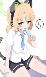 1girl absurdres alternate_hairstyle animal_ear_headphones animal_ears aqua_necktie bare_legs barefoot black_shorts black_tail blonde_hair blue_archive blunt_bangs blush buttons cat_ear_headphones cat_ears cat_tail cold_pack collared_shirt commentary fake_animal_ears fake_tail fingernails food food_in_mouth green_eyes green_halo halo hand_on_own_leg hand_up headphones highres holding holding_food holding_popsicle holding_stick knees_out_of_frame looking_at_viewer looking_to_the_side low_ponytail medium_hair melting_popsicle midori_(blue_archive) necktie no_jacket no_legwear parted_bangs ponytail popsicle popsicle_in_mouth popsicle_stick shadow shirt short_ponytail short_shorts short_sleeves shorts sidelocks simple_background sitting solo spiral_(udon) spoken_sweatdrop stick sweat sweatdrop tail tail_raised toes untucked_shirt wariza white_background white_shirt