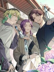 Rule 34 | 3boys, absurdres, black shirt, blonde hair, blue shirt, bottle, bracelet, break my case, brown eyes, brown hair, closed eyes, closed mouth, day, flower, green hair, grin, hair between eyes, highres, holding, holding bottle, hydrangea, ichikawa haruhi, jewelry, layered sleeves, light particles, long sleeves, looking ahead, low ponytail, male focus, medium hair, multicolored hair, multiple boys, necklace, official art, okiya sei, open clothes, open shirt, outdoors, parted lips, ponytail, purple flower, purple hair, ramune, ring, roots (hair), shirt, short hair, short over long sleeves, short sleeves, smile, standing, striped clothes, striped shirt, tsukimoto taiga, uminonew, undershirt, white shirt, wide sleeves, yellow eyes