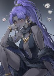 1girl abs assassin_(fate/zero) bangle bare_shoulders barefoot beads black_dress black_gemstone black_nails bracelet cape closed_mouth colored_skin dress earrings evening_gown fate/grand_order fate_(series) female_assassin_(fate/zero) fingernails flying_sweatdrops fur-trimmed_cape fur_collar fur_trim gem gold_bracelet gold_earrings gold_necklace gradient_background grey_background grey_skin hair_beads hair_ornament half-closed_eyes hand_on_own_face hand_up heart hentai_hiroshi high_ponytail jewelry lips long_fingernails long_hair looking_at_viewer muscular muscular_female nail_polish necklace parted_bangs ponytail purple_cape purple_hair purple_lips simple_background sitting skull sleeveless sleeveless_dress solo speech_bubble spoken_heart striped_cape sweat yellow_eyes