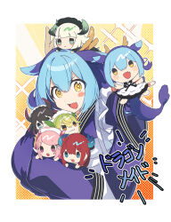 1girl 3_ma_me apron blue_hair blue_kimono blush chamber_dragonmaid dragon_girl dragon_horns dragon_tail duel_monster frilled_apron frills hair_between_eyes highres holding holding_stuffed_toy horns house_dragonmaid japanese_clothes kimono kitchen_dragonmaid laundry_dragonmaid long_sleeves looking_at_viewer maid maid_apron nurse_dragonmaid open_mouth parlor_dragonmaid short_hair short_twintails smile solo sparkling_eyes stuffed_toy tail twintails wa_maid white_apron wide_sleeves yu-gi-oh!