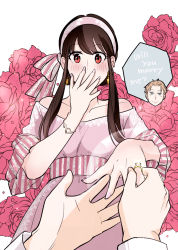 1boy 1girl alex_(sandora) bare_shoulders black_hair blonde_hair blue_eyes blush bracelet collarbone covering_own_mouth dress earrings engagement_ring flower hairband hand_over_own_mouth jewelry marriage_proposal ornate_ring pink_dress pink_hairband pov pov_hands putting_on_jewelry red_eyes red_flower red_rose ring rose short_hair_with_long_locks sidelocks spy_x_family twilight_(spy_x_family) white_background yor_briar