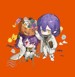Rule 34 | 1boy, 1girl, barefoot, book, bow, candy, chibi, chibi only, coat, food, ghost, hair between eyes, halloween, halloween costume, heterochromia, highres, holding, holding book, lab coat, lollipop, long hair, long sleeves, open clothes, open coat, original, pointy ears, purple eyes, purple hair, qyzhiaiyisheng, red eyes, shirt, short hair, silk, simple background, squatting, vest, white coat, yellow eyes