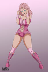 1girl black_clover blue_eyes breasts fana_(black_clover) large_breasts magnificentsexygals pink_hair smile wrestling wrestling_outfit