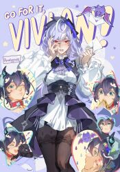 2girls absurdres artist_name bat_(animal) belle_(zenless_zone_zero) black_hair black_hairband black_nails blue_eyes blush bow dress english_text fingernails frilled_dress frilled_sleeves frills ganbare!_nakamura-kun!! hairband hand_on_own_face heart highres jewelry letter long_fingernails looking_ahead multiple_girls multiple_views one_eye_closed pantyhose parody parted_lips peachyyuri pendant pink_nails purple_hair red_eyes short_hair simple_background vivian_banshee white_dress wide-eyed yuri zenless_zone_zero