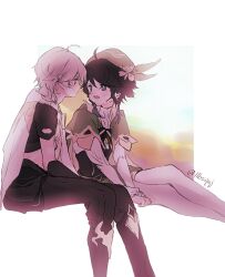 2boys aether_(genshin_impact) border cropped_legs face-to-face genshin_impact highres llbzqsj looking_at_another male_focus multiple_boys sitting twitter_username venti_(genshin_impact) white_border