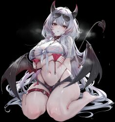 Rule 34 | 1girl, absurdres, arm under breasts, bikini, bikini top only, black bra, black panties, bra, breasts, demon horns, demon tail, demon wings, eyewear on head, grey hair, highleg, highleg panties, highres, horns, large breasts, long hair, looking at viewer, lrrer, navel, o-ring, o-ring thigh strap, open fly, original, panties, pointy ears, red bikini, see-through clothes, see-through shirt, shirt, short shorts, shorts, simple background, sitting, solo, steaming body, sunglasses, sweat, swimsuit, tail, thick thighs, thigh strap, thighs, underwear, untied bikini top, very long hair, wariza, white background, white shirt, wide hips, wings