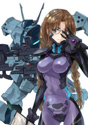 1girl adjusting_eyewear armored_bodysuit assault_visor blue_bodysuit bodysuit braid breasts brown_hair commentary_request covered_navel fortified_suit glasses green_eyes green_visor gun highres holding holding_gun holding_notepad holding_weapon impossible_bodysuit impossible_clothes jun_(rellik_&amp;_redrum) long_hair mecha mecha_pilot_suit medium_breasts muv-luv muv-luv_alternative notepad robot round_eyewear sakaki_chizuru science_fiction see-through_bodysuit see-through_clothes skin_tight solo tactical_surface_fighter twin_braids type_94_shiranui united_nations weapon