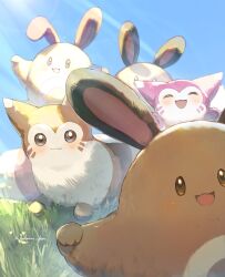 Rule 34 | alternate color, animal focus, blue sky, blush, closed mouth, furret, gen 2 pokemon, grass, highres, hokaimo pkmn, nintendo, no humans, open mouth, outdoors, pokemon, pokemon (creature), pokemon focus, sentret, shiny pokemon, sky, smile