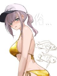 1girl absurdres aqua_eyes ar-57_(girls&#039;_frontline) ass baseball_cap bikini blush breasts ear_piercing from_behind girls&#039;_frontline gold_bikini hat highres large_breasts lithographica long_hair looking_at_viewer open_mouth piercing pink_hair shirt side-tie_bikini_bottom solo swimsuit upper_body wet white_shirt