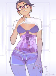 1girl artist_name bra bra_peek breasts cable clothes_lift commentary commission cyborg dated earrings english_commentary glasses highres jewelry looking_at_viewer mechabare original purple-framed_eyewear purple_bra purple_eyes purple_hair purple_shorts rectangular_eyewear see-through_body shirt shirt_lift short_hair short_shorts shorts signature smile solo standing underwear vashperado white_shirt