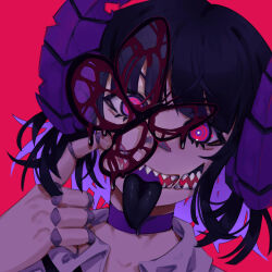 1girl absurdres asanity black_hair black_tongue bright_pupils choker commission hand_up highres looking_at_viewer medium_hair monster_girl multicolored_eyes open_mouth original ouncemilia pink_background pink_eyes portrait purple_choker purple_eyes second-party_source sharp_teeth simple_background smile solo teeth vgen_commission white_pupils