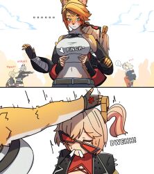... 1boy 5girls anger_vein arms_around_neck breasts burnice_white caesar_king_(zenless_zone_zero) carrying dorahdew english_text female_pervert furry furry_female highres large_breasts luciana_de_montefio multiple_girls pervert piggyback pinching piper_wheel pointing pulchra_fellini spit_take spitting sunglasses wise_(zenless_zone_zero) zenless_zone_zero