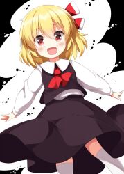 1girl :d ascot black_background black_skirt black_vest blonde_hair blush collared_shirt commentary feet_out_of_frame hair_ribbon highres long_sleeves looking_at_viewer open_mouth red_ascot red_eyes red_ribbon ribbon rumia ruu_(tksymkw) shirt short_hair skirt skirt_set smile socks solo touhou two-tone_background vest white_background white_shirt white_socks