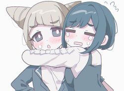 2girls blue_hair blunt_bangs blush breasts closed_eyes collared_shirt commentary_request cone_hair_bun crying diagonal_bangs flying_sweatdrops frilled_shirt frilled_sleeves frills fukurai_azami grey_hair hair_bun hug long_sleeves looking_at_viewer medium_breasts multiple_girls open_mouth renoa_yu shirt short_hair simple_background tears tomarigi_yasumi toshi_densetsu_kaitai_center upper_body white_background