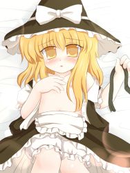 Rule 34 | 1girl, blonde hair, bloomers, dress, female focus, flat chest, hat, kirisame marisa, long hair, nipples, ribbon, ry (yagoyago), solo, touhou, underwear