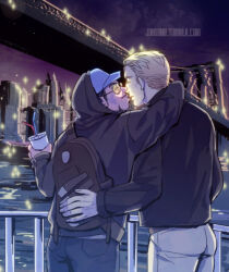 2boys arm_around_neck artist_name avengers_(series) back backpack bag black-framed_eyewear black_hair black_hoodie black_jacket black_pants blonde_hair blue_hat bridge building city closed_eyes closed_mouth cloud cloudy_sky commentary_request cowboy_shot cup disposable_cup drinking_straw facial_hair fingernails glasses gradient_sky hat holding holding_cup hood hoodie imminent_kiss jacket jo_(artist) long_sleeves male_focus marvel marvel_cinematic_universe multiple_boys night night_sky ocean outdoors pants purple_sky semi-rimless_eyewear short_hair sky skyscraper smile standing steve_rogers teeth tinted_eyewear tony_stark visor_cap watermark white_pants yaoi yellow-tinted_eyewear