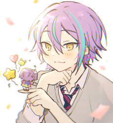 1boy balloon blue_hair cardigan character_doll closed_mouth collared_shirt commentary_request confetti diagonal-striped_clothes diagonal-striped_necktie grey_cardigan hair_between_eyes heart heart_balloon index_finger_raised kamishiro_rui kamiyama_high_school_uniform_(project_sekai) long_sleeves male_focus multicolored_hair necktie pjmiyo project_sekai purple_hair school_uniform shirt short_hair three-quarter_sleeves solo star_(symbol) star_balloon streaked_hair striped_clothes striped_necktie yellow_eyes