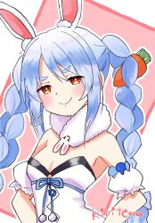 Rule 34 | 1girl, animal ear fluff, animal ears, bare shoulders, black leotard, braid, breasts, carrot hair ornament, closed mouth, commentary request, detached sleeves, don-chan (usada pekora), dress, food-themed hair ornament, hair ornament, highres, hololive, kiritoma, leotard, looking at viewer, outline, pink background, rabbit-shaped pupils, rabbit ears, red eyes, short eyebrows, small breasts, smile, smug, solo, strapless, strapless dress, strapless leotard, symbol-shaped pupils, thick eyebrows, twin braids, twintails, two-tone background, usada pekora, usada pekora (1st costume), virtual youtuber, white background, white dress, white outline, white sleeves