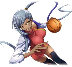 Rule 34 | 1girl, arm up, artist request, asymmetrical hair, ball, basketball, basketball (object), black thighhighs, breasts, code geass, code geass: lost stories, cropped legs, dark-skinned female, dark skin, dress, dutch angle, female focus, game cg, grey hair, grin, hand up, happy, high ponytail, highres, holding, holding ball, jacket, large breasts, lipstick, long hair, long sleeves, makeup, non-web source, official art, open clothes, open jacket, playing sports, ponytail, purple lips, red dress, running, shiny skin, short dress, simple background, sleeveless, sleeveless dress, smile, solo, sweat, teeth, thighhighs, thighs, transparent background, very long hair, villetta nu, white jacket, yellow eyes, zettai ryouiki