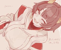 1girl ;d blue_archive blush breasts detached_sleeves earrings fight_yoghurt halo hoop_earrings horns japanese_clothes jewelry large_breasts looking_at_viewer niya_(blue_archive) one_eye_closed open_mouth sepia short_hair smile translation_request yellow_horns