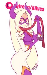 10s 1girl :d animated animated_gif arm_up artist_name ass ass_shake bad_id bad_tumblr_id blonde_hair bodysuit boku_no_hero_academia boots bouncing_breasts breasts closed_mouth diives domino_mask drill_hair female_focus gloves half-closed_eyes hands_up happy holding holding_whip horns long_hair looking_at_viewer mask medium_breasts mount_lady naughty_face open_mouth parted_bangs patreon patreon_username purple_eyes simple_background skin_tight smile solo standing teeth tongue twin_drills very_long_hair watermark weapon whip white_background white_hair