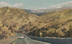atmospheric_perspective car cloud cloudy_sky driving forest fruiitlins motor_vehicle mountainous_horizon nature no_humans original outdoors painterly road road_sign scenery sepia shadow sign sky tree