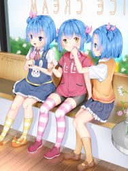 3girls bench bike_shorts black_shorts blue_eyes blue_hair blue_skirt blue_vest brown_eyes brown_footwear brown_legwear child clothes_writing eating food girl_sandwich handkerchief highres ice_cream kneehighs mary_janes multiple_girls one_side_up open_mouth orange_slippers orange_vest original pink_legwear pink_shoes red_shirt ribbon sandals sandwiched shirt shoes short_hair short_twintails shorts siblings sidelocks sisters sitting skirt slippers smile socks soft_serve striped_clothes striped_legwear striped_thighhighs themed_object thighhighs triplets twintails two_side_up vest white_shirt wiping wiping_face yellow_legwear zet_(zetart)