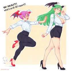 2girls bare_legs bat_wings breasts capcom celebelian cleavage darkstalkers green_hair head_wings high_heels large_breasts lilith_(darkstalkers) long_hair medium_breasts morrigan_aensland multiple_girls open_clothes open_shirt purple_hair short_hair skirt trouser wings