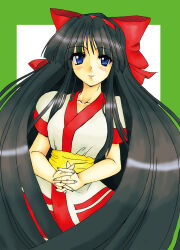 1girl ainu_clothes akenami_yasutaka black_hair blue_eyes blush breasts hair_ribbon highres large_breasts long_hair nakoruru own_hands_together pink_lips ribbon samurai_spirits smile solo the_king_of_fighters very_long_hair
