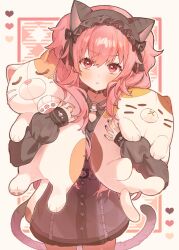 1girl :&lt; animal_ears black_choker black_dress black_hairband black_nails black_ribbon blush border cat_girl cat_tail choker closed_mouth commentary cowboy_shot dot_nose dress fake_animal_ears frown hair_between_eyes hairband heart highres hugging_object long_hair looking_at_viewer momoi_airi pink_eyes pink_hair project_sekai ribbon short_dress sleeves_past_wrists solo stuffed_animal stuffed_cat stuffed_toy symbol-only_commentary tail two_side_up uminokaisen v-shaped_eyebrows white_border