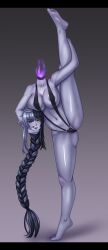 Rule 34 | 1girl, absurdres, barefoot, bikini, black bikini, black hair, black nails, braid, breasts, colored nipples, colored skin, disembodied head, dullahan, feet, fire, flexible, full body, hair between eyes, heterochromia, highres, large breasts, leg grab, leg up, legs, long hair, looking at viewer, multicolored hair, nail polish, navel, nipple slip, nipples, pointy ears, purple eyes, purple fire, purple nipples, purple skin, simple background, slingshot swimsuit, solo, split, standing, standing on one leg, standing split, swimsuit, thighs, toes, two-tone hair, white hair, yellow eyes