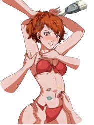 absurdres aigis_(persona) arms_up atlus brown_hair commission extra_arms hand_up highres kirijou_mitsuru kiss lipstick_mark lipstick_mark_on_stomach multiple_girls non-web_source original p3 persona persona_3 red_eyes shiomi shiomi_kotone swimsuit yamagishi_fuuka