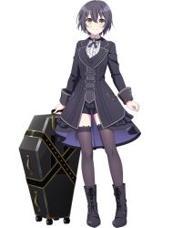1girl black_boots black_coat black_hair black_jacket black_ribbon black_shorts black_thighhighs black_vest boots chloe_tang coat engage_kill engage_kiss formal_clothes frilled_shirt frills hair_between_eyes highres jacket jewelry light_blush long_sleeves looking_at_viewer neck_ribbon official_art ribbon rolling_suitcase shirt short_hair shorts smile solo standing suitcase tachi-e thighhighs vest white_shirt yellow_eyes zettai_ryouiki