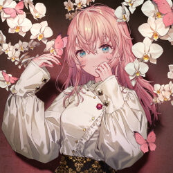 Rule 34 | 1girl, blue eyes, blush, bug, butterfly, closed mouth, flower, hands up, highres, insect, long hair, looking at viewer, nail polish, original, pink butterfly, pink hair, red nails, sleeves past wrists, solo, upper body, white flower, yutsumoe
