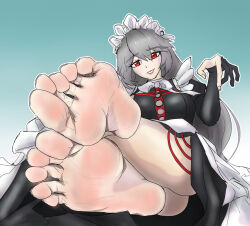 1girl alexandrina_sebastiane barefoot feet grey_hair highres lei_abu long_hair looking_at_viewer maid parted_lips red_eyes soles toes zenless_zone_zero
