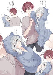 Rule 34 | 1boy, 1girl, black pants, blue hoodie, blush, breasts, closed mouth, commentary request, eye contact, fuyukawa kagari, grey eyes, grey hair, grey shirt, hair between eyes, hakanai kimi wa moukou wo hajimeru, hood, hood up, hoodie, kazutake hazano, large breasts, long hair, long sidelocks, looking at another, open mouth, pants, parted lips, red eyes, red hair, shirt, short hair, short sleeves, sidelocks, simple background, sitting, terui soushichi, translation request, white background