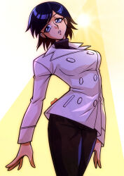 1girl black_hair black_pants blue_eyes coat commission cowboy_shot highres jacket pants pixiv_commission saika_(pixiv43370196) shin_megami_tensei shin_megami_tensei_iii:_nocturne short_hair simple_background solo sun sunlight sweater takao_yuko triangle turtleneck turtleneck_sweater white_coat white_jacket yellow_background