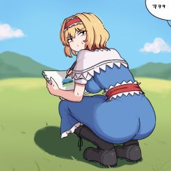 1girl alice_margatroid ass ass_focus breasts ehehe52921343 highres holding holding_notepad looking_back medium_breasts notepad outdoors touhou