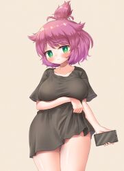 1girl arinu breasts cellphone green_eyes highres medium_breasts original phone purple_hair solo wide_hips