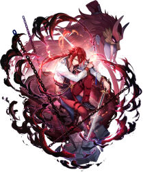 1boy aaron_wei achan_(blue_semi) dual_wielding eiyuu_densetsu floating_hair full_body grin hair_between_eyes holding holding_sword holding_weapon jacket kuro_no_kiseki_(series) kuro_no_kiseki_i long_hair long_sidelocks long_sleeves looking_at_viewer parted_bangs planted planted_sword planted_weapon ponytail red_hair shoes sideburns sidelocks sitting smile sneakers solo sword weapon yellow_eyes