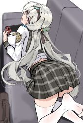 1girl bag blue_pupils blush breasts brown_bag brown_hairband brown_ribbon couch firefly_(honkai:_star_rail) firefly_(spring_missive)_(honkai:_star_rail) from_behind gradient_eyes grey_hair grey_sailor_collar grey_skirt hair_between_eyes hair_intakes hair_ornament hair_ribbon hairband handbag highres honkai:_star_rail honkai_(series) large_breasts long_sleeves lying matrix16 multicolored_eyes nintendo_switch on_couch on_stomach open_mouth pleated_skirt ribbon sailor_collar see-through_clothes see-through_legwear skirt smile solo thighhighs white_sleeves white_thighhighs