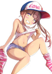 1girl absurdres arm_support baseball_cap blue_shorts breasts brown_hair clueless commentary_request denim denim_shorts grin hat highres loli long_hair looking_at_viewer micro_shorts navel ninyo_(user_pddg5877) nipple_slip nipples original shirt short_shorts shorts simple_background single_sock sitting small_breasts smile socks solo striped_clothes striped_socks tank_top thighs underboob unworn_socks white_background white_shirt yellow_eyes