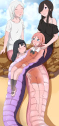 4girls absurdres black_hair black_shirt bra_strap breasts closed_eyes highres lamia magica2 monster_girl multiple_girls one_eye_closed orange_shirt pink_hair pointy_ears purple_eyes pussy red_eyes shirt small_breasts unbirthing vore white_hair white_shirt yuri