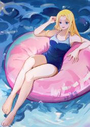 1girl absurdres bad_anatomy bad_feet bare_arms bare_legs bare_shoulders barefoot blonde_hair blue_eyes blue_one-piece_swimsuit commentary competition_swimsuit day full_body highres inflatable_raft kofune_ushio long_hair looking_at_viewer one-piece_swimsuit open_mouth school_swimsuit signature sitting smile solo summertime_render swimsuit symbol-only_commentary thighs water yaxiang