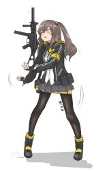 1girl armband artist_request blush boots brown_hair fingerless_gloves girls&#039;_frontline gloves gun hair_ornament highres hood hoodie jacket non-web_source open_mouth pantyhose pleated_skirt ribbon scar scar_across_eye scar_on_face shirt side_ponytail skirt solo submachine_gun suppressor ump45_(girls&#039;_frontline) weapon white_background white_shirt yellow_eyes